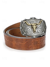 cheap Men's Belts-Men's Western Cowboy Belt, Vintage Embossed Faux Leather Belt for Men, Adjustable Length Country Style Waistband with Large Bull Skull Buckle, Retro Rodeo Jeans Accessory, Black Brown Colors