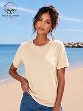 cheap Plain tee-Women's T Shirt Summer Tops Cotton Shirt Tee Top Solid Color Fashion Stylish Basic Short Sleeve Crew Neck Round Neck Regular Tops Casual Daily Beach Blue Khaki Indigo Green with beige Black Summer