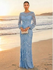 tanie Suknie wieczorowe typu sheath-Ołówkowa Kolumnowa Sięgająca podłoża Suknia wieczorowa Elegancja Błyszczące Wieczór Empire Waist Długi rękaw Półgolf Wieczorna impreza Ślub Tiul Szarmeza z Brokat Cekin Haft koralikowy