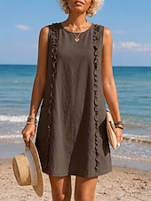 cheap Plain Dress-Women's Knee Length Dress Linen-feel Dresses Shift Dress Vacation Daily Loose Fit Pure Color Sleeveless Crew Neck Blue Coffee brown yellow-green Black Summer