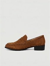 Недорогие Женские слипоны и лоферы-Women's Brown Suede Loafers - Penny Chunky Heel Slip-On Shoes for Pleated Skirts, Casual Streetwear