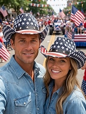  Patriotischer Western-Cowboyhut für Herren, Strohhut aus Polyester mit USA-Flagge und verstellbarem Kinnband, weiß-khakifarbener Sommerhut für Rodeo-Feiern am 4. Juli, dem amerikanischen