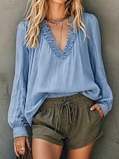  Blusa de mujer con volantes, cuello en V y mangas abullonadas, ligera, estilo bohemio, informal y elegante para verano.
