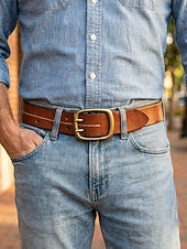 tanie Paski męskie-Męski pasek ze skóry licowej, regulowany pasek casualowy w stylu vintage z podwójną klamrą w kolorze brązowo-czarnym, klasyczny pasek do jeansów na co dzień, w podróż i do pracy