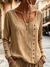  Women's Shirt Blouse Buttons Solid Color Daily Stylish Casual Long Sleeve Crew Neck Regular Tops Casual yellow-green Black White Navy Blue Sky Blue Summer Spring