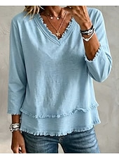  Mujer Camiseta Tee Plano Bohemia Manga Larga Escote en Pico Tops regulares Casual Bleu Ciel Verde Claro Rosa Verde esmeralda Gris Verano Primavera