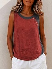 voordelige Gewone Tank-Dames Overhemd Blouse Lapwerk Knop Asymmetrisch Kleurenblok Vintage Mouwloos Strakke ronde hals Vierkante hals Normale tops Casual Rood Licht Bruin Groen Zomer Lente
