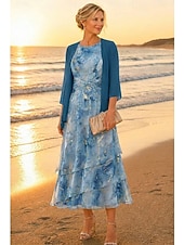 preiswerte Mamas Kleidersets-Zweiteilig A-Linie Knöchellänge Kleid für Hochzeitsgäste Brautmutterkleid Dreiviertelarm Rundausschnitt Elegant Einfach Lässig Formell Hochzeitsgast Familientreffen vereitelt Chiffon Mit Schal mit