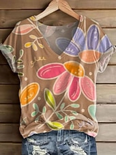 economico T-shirt floreale-Per donna Maglietta Stampato Floreale Grafico Piante Essenziale Manica Corta Scollo a V Top Regolari Casuale Weekend Rosa Rosso Arcobaleno Estate Primavera Autunno Inverno