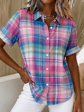 economico Bluse a righe e geometriche-Per donna Camicia Bottoni Stampato Grafico Plaid A righe Vintage Quotidiano Elegante Manica Corta Colletto a Camicia Top lunghi Casuale Quotidiano Rosa Verde Azzurro Estate Primavera