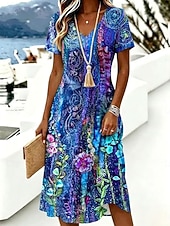 abordables Robes fleuries-Femmes Robe Longueur Genou Robe T-Shirt Robe trapèze Vacances Occasionnel Boho Plage Coupe régulière Fleuri Graphique Manche Courte Col en V Bleu Blanche Violet Été Printemps
