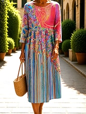 cheap Stripe&amp;Geometric Dress-Women's Midi Dress Casual Dress Summer Dress Vacation Casual Beach Beach Holiday Regular Fit Floral Graphic Abstract 3/4 Length Sleeve Crew Neck Blue Pink Green Summer Spring