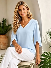  Per donna Blusa Tinta unica Vintage Elegante Classico Manica 3/4 Scollo a V Top Regolari Casuale Quotidiano Blu Estate Primavera