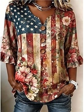  día de la independencia americana Mujer Camisa Botones Estampado Graphic Bandera Estrella Vintage Elegante Manga 3/4 Escote en Pico Tops regulares Casual Diario Festivos Azul Piscina Blanco Rojo Azul