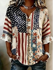  Women's Casual Shirt Summer Tops Blouse Buttons Graphic American Flag Elegant Bohemia Active V Neck Long Tops Casual Blue White and Blue Red / Blue Beige Summer Spring Fall Winter
