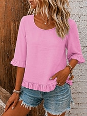 abordables Camiseta lisa-Mujer Blusa Textura Volante Vintage Manga 3/4 Tops regulares Casual Gris azulado Negro Rosa Naranja Verde Trébol Verano Primavera