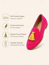 baratos Sapatilhas e Mocassins de mulher-Mocassins femininos com borla, estilo slip-on, em camurça sintética, perfeitos para um look urbano de verão, férias e fins de semana.