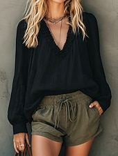  Blusa de mujer con volantes, cuello en V y mangas abullonadas, ligera, estilo bohemio, informal y elegante para verano.