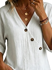  Women's Shirt Blouse Buttons Solid Color Vintage Fashion 3/4 Length Sleeve Batwing Sleeve V Neck Regular Tops Casual Space gray Caramel color White Summer Spring