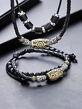 preiswerte Heren sieraden-Men's Bohemian Necklace and Bracelet Set, Black Leather Beaded Jewelry, Antique Metal Accents, Summer Casual Accessory for Men, Perfect for Vacation, Festival, Daily Wear, Multiple Uses