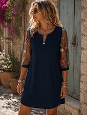 economico Vestito bianco-Per donna Mini Abito Abito a trapezio Boho Quotidiano Tinta unica Manica 3/4 Girocollo Nero Vino Verde Blu Estate Primavera Autunno