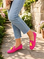 baratos Sapatilhas e Mocassins de mulher-Mocassins femininos com borla, estilo slip-on, em camurça sintética, perfeitos para um look urbano de verão, férias e fins de semana.