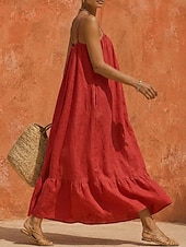  Per donna Abito maxi Abiti di lino Abito Boho Vintage Vacanza Vestibilità comoda Semplice Senza Maniche Spalline sottili Corallo Nero Estate
