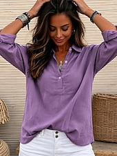  Women's Linen-feel Shirts Blouse Faux Linen Shirt Buttons Solid Color Stylish Casual 3/4 Length Sleeve V Neck Regular Tops Daily White Light Green Pink Purple Summer Spring Fall
