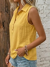  Damen Weste aus Baumwollleinen Textur Knöpfe Vintage Ärmellos Revers Normale Oberteile Weiß Gelb Grün Sommer Frühling