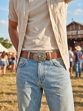 cheap Men's Belts-Men's Western Cowboy Belt, Vintage Embossed Faux Leather Belt for Men, Adjustable Length Country Style Waistband with Large Bull Skull Buckle, Retro Rodeo Jeans Accessory, Black Brown Colors