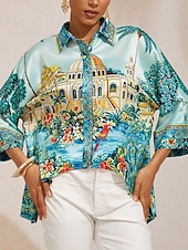 economico Bluse e camicie-Isole Baleari, top blu in raso setoso con maniche a pipistrello