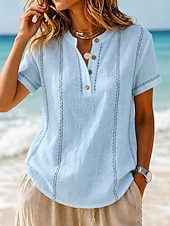 cheap Plain tee-Women's T Shirt Henley Shirt Tee Top Buttons Striped Fashion Short Sleeve Henley Long Tops Casual Beach Summer White Light Green Navy Blue Sky Blue Orange Summer Spring