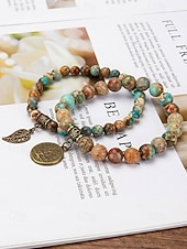 economico Bracciale da donna-Set di braccialetti da donna bohémien a strati con perline di pietra naturale, albero della vita e ciondoli a forma di foglia, gioielli da polso impilabili multicolore in 2 pezzi per l'uso quotidiano,
