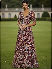 abordables Largo del piso-Corte A Vestidos Hasta el Suelo Vestido de Fiesta Vestido Cóctel Vestido de Madrina Media Manga Escote Elegante Vintage Lujoso Formal Invitado a la boda El derby de Kentucky Tul con Estampado flor