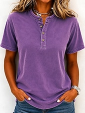 economico Bluse Semplici-softfade™ maglietta henley da donna 100% cotone stile vintage alla moda elegante maniche corte top regolari casual spiaggia blu kaki nero viola arancione primavera
