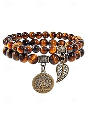 economico Bracciale da donna-Set di braccialetti da donna bohémien a strati con perline di pietra naturale, albero della vita e ciondoli a forma di foglia, gioielli da polso impilabili multicolore in 2 pezzi per l'uso quotidiano,