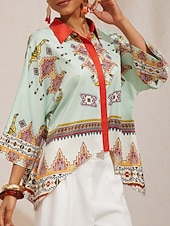 preiswerte Blusen-Hemd aus seidigem Satin mit Dolmanärmeln und ethnischem Totem-Motiv