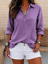  Women's Linen-feel Shirts Blouse Faux Linen Shirt Buttons Solid Color Stylish Casual 3/4 Length Sleeve V Neck Regular Tops Daily White Light Green Pink Purple Summer Spring Fall