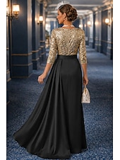 abordables שמלות ערב לאירועים-A-Line Floor Length Ball Gown with Cape Evening Gown Elegant Glittering Silky 3/4 Length Sleeve V Neck Wedding Formal Satin Sequined with Glitter Pleats Sequin