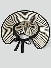cheap Women's Hats-Women's Striped Foldable Sun Hat, Wide Brim Polyester Beach Hat for Women, Packable Summer Travel Vacation Cap, Elegant UV Protection Hat