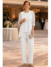 cheap Mom's Pant Suits-Pantsuit Ankle Length Mother of the Bride Dress Half Sleeve Crew Neck Elegant Vintage Formal Wedding Guest with Solid Color