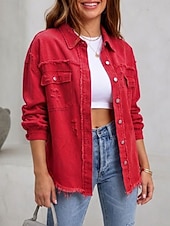 Blusa feminina estilo jeans com bolsos e botões, cor sólida, elegante, para férias, estilo vintage, manga longa com gola dobrada, modelo regular, casual, para uso diário, ao ar livre, nas cores preto, rosa, vermelho, cáqui, verde militar, para outono e in