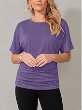 cheap Plain tee-Women's T Shirt Tee Top Ruched Plain Stylish Short Sleeve Batwing Sleeve Crew Neck Regular Tops Casual Daily Going out Black Yellow Pink Purple Green Summer Spring