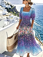  Femmes Robe Midi Robe Décontractée Robe trapèze Élégant Vacances Plage Fête Coupe régulière Fleuri Graphique Manche Courte Col carré Bleu Ciel Violet Bleu de minuit Été Printemps