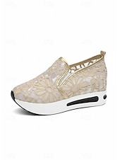preiswerte Damen-Sneaker-Beige Slip-On-Plateau-Sneaker aus Spitzennetz für Damen mit Luftpolstersohle – stylische und bequeme Freizeitschuhe für den Alltag