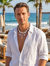 billiga Herrsmycken-herrskal &amp;Halsband med träpärlor i 4 delar, strandsmycken i lager med hajtandshänge, bohemiskt halsband i kustnära surfstil för semester, resor, festivaler och sommarens vardagskläder