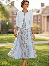 billige Mammas kjolesett-Todelt A-linje Te-lengde Gjestekjole til bryllup Kjole til brudens mor Kortermet 3/4 ermer V-hals Elegant Enkel Luksuriøs Formell Bryllupsgjest Blonder Stretch Crepe med Blonder Broderi