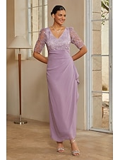 cheap Polished Edit-Women's Sheath Column Cocktail Dress Wedding Guest Dress Ankle Length V Neck Half Sleeve Illusion Sleeve Elegant Mother Of The Bride Semi Formal with Chiffon 3D Floral Mesh Slit Side Draping Lavender