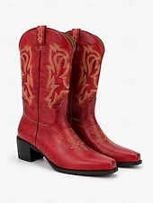 cheap Cowboy &amp; Western Boots-Women's Red Embroidered Western Cowboy Boots, Pointed Toe Pull-On Cowgirl Boots for Country Concerts and Festivals