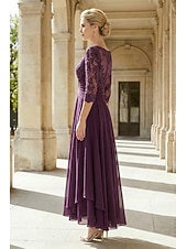 cheap Ankle Length-A-Line Ankle Length Party Dress Cocktail Dress Wedding Guest Dress Mother of the Bride Dress 3/4 Length Sleeve Jewel Neck Elegant Plus Size Wedding Guest Wedding Party Chiffon Lace with Ruched Sequin